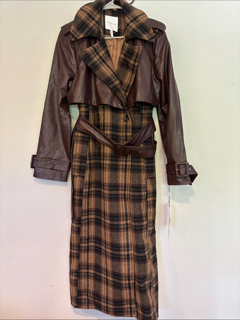 Avec Les Filles Brown Plaid Trench Coat with Dark Brown Faux-Leather Overlay